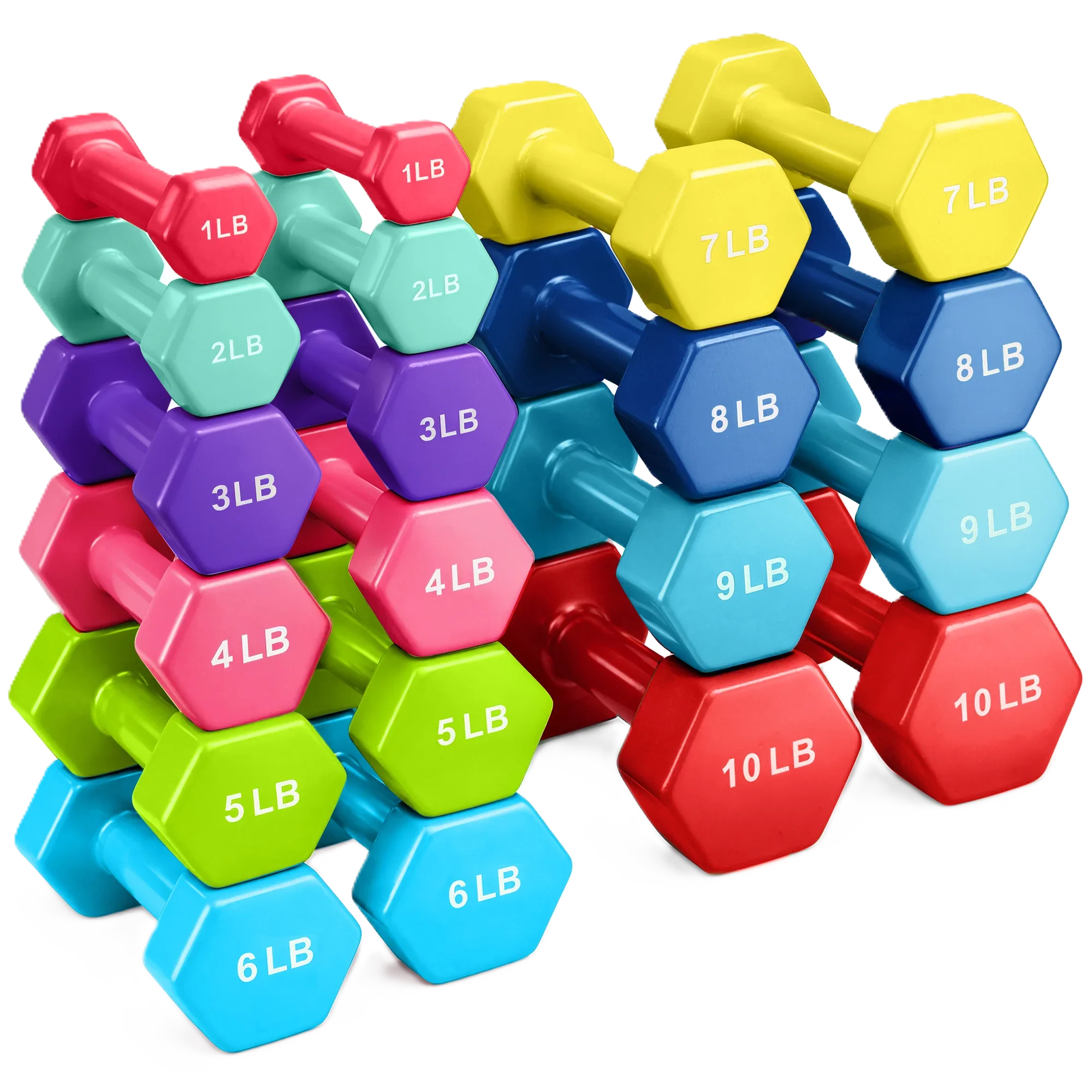 French Fitness Colorful Hex Vinyl Dumbbell Set of 1 to 10 lbs (New)