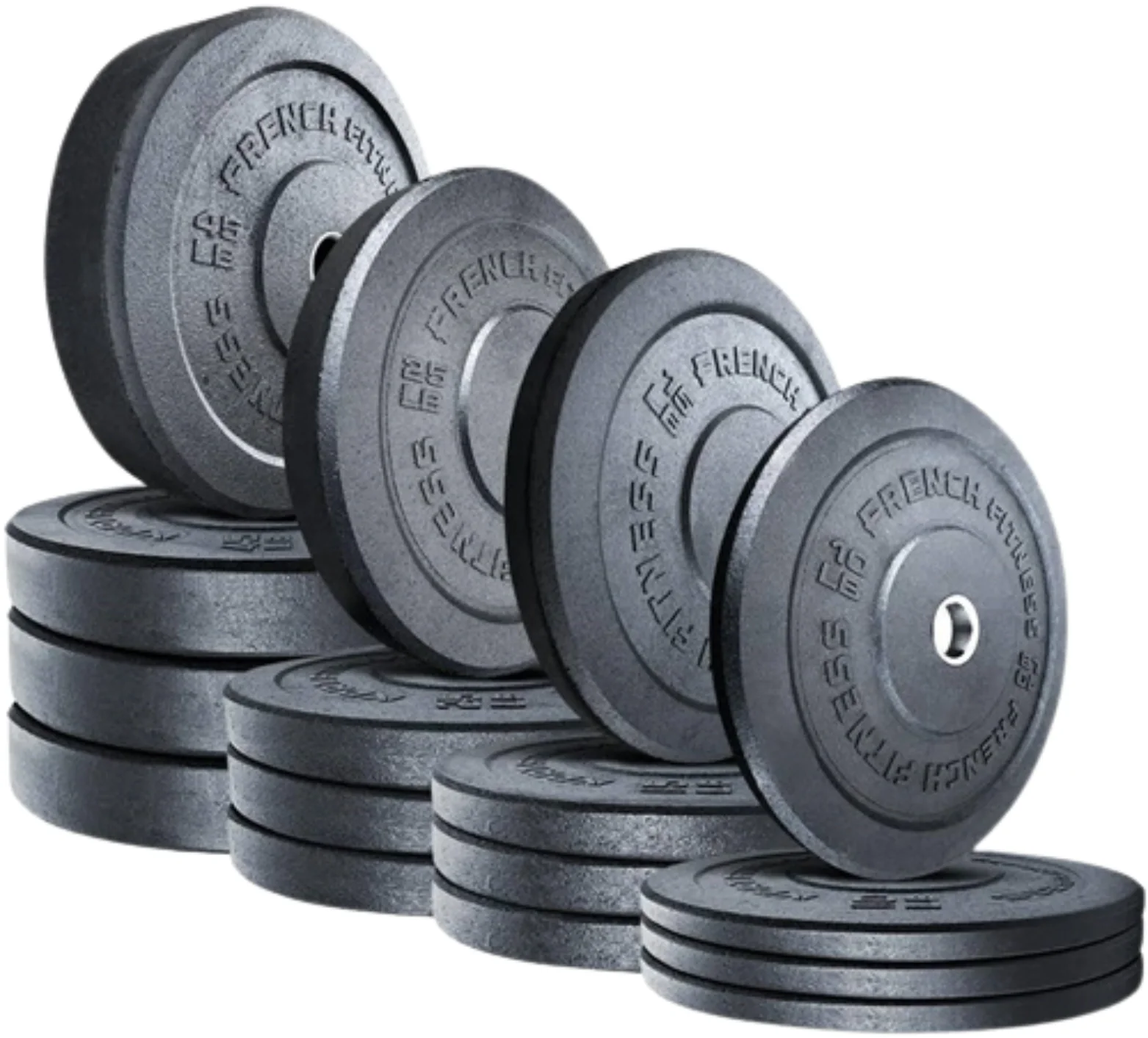 French Fitness Olympic Bumper Plates Set w/7 ft Olympic Bar 425 lbs - Crumb Rubber (New) - Image 2