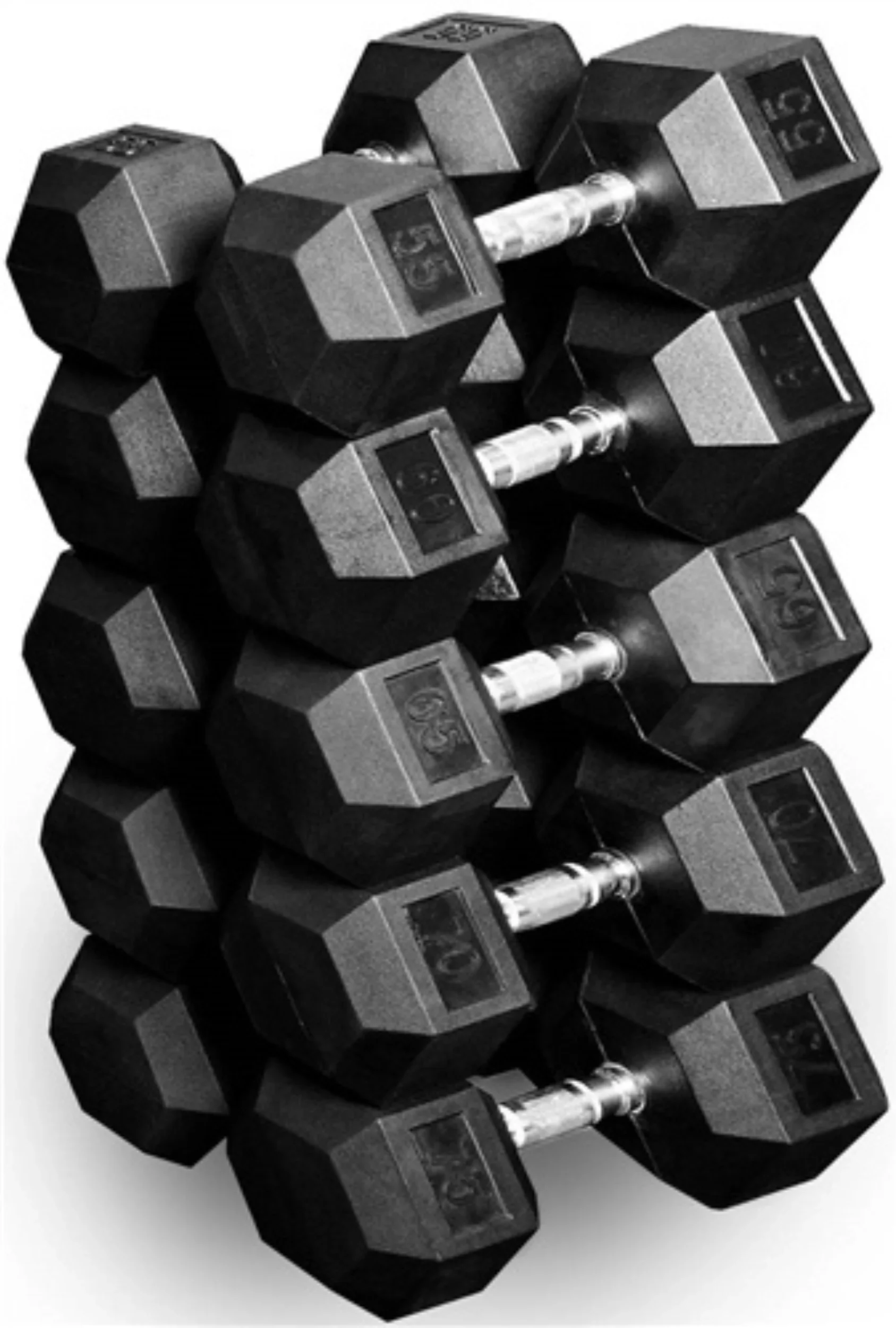 French Fitness Rubber Hex Dumbbell Set 5 to 75 lbs w/3 Tier Dumbbell Rack (New) - Image 4