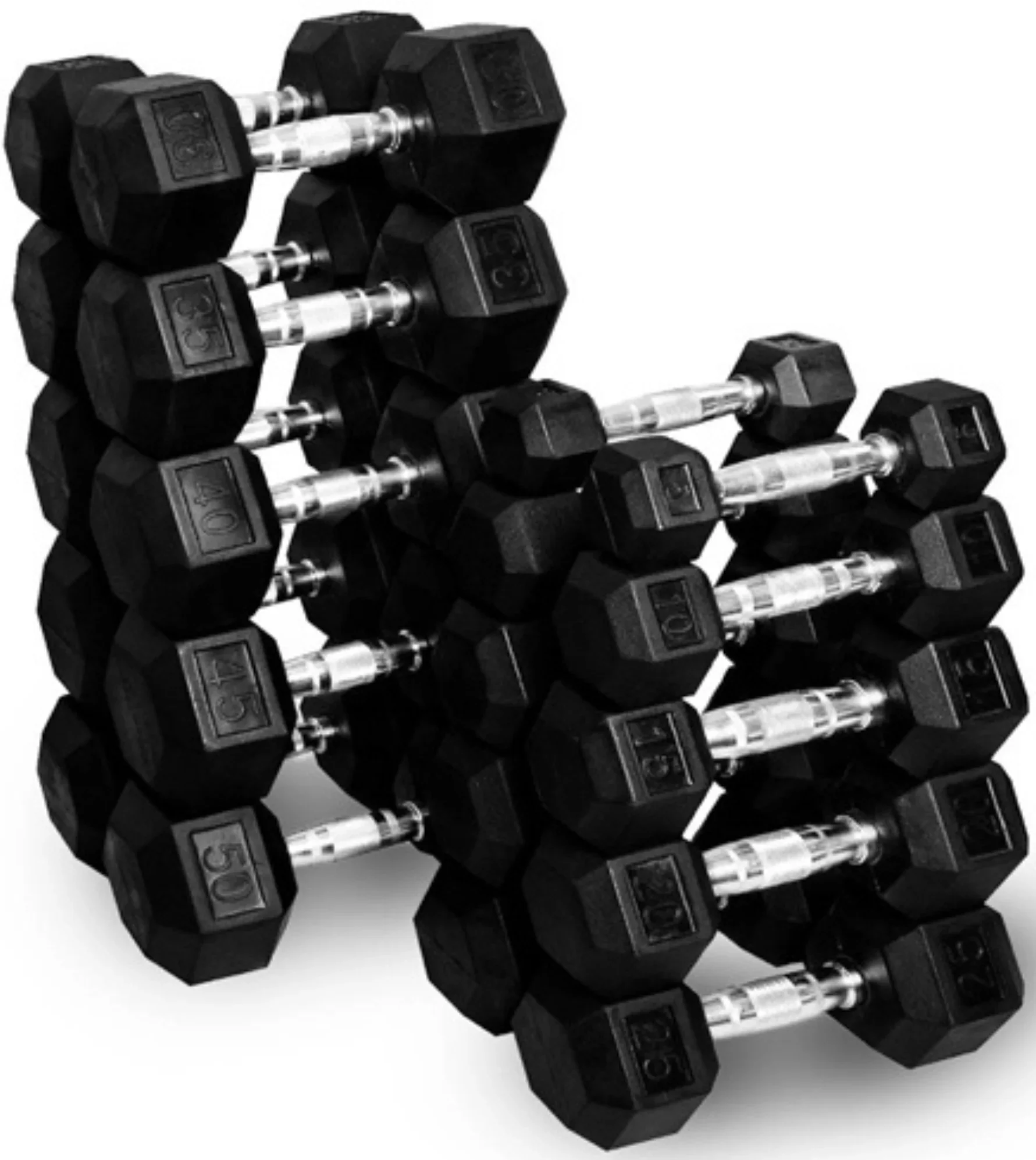 French Fitness Rubber Hex Dumbbell Set 5 to 100 lbs w/Bench + (2) 3 Tier Dumbbell Racks (New) - Image 2