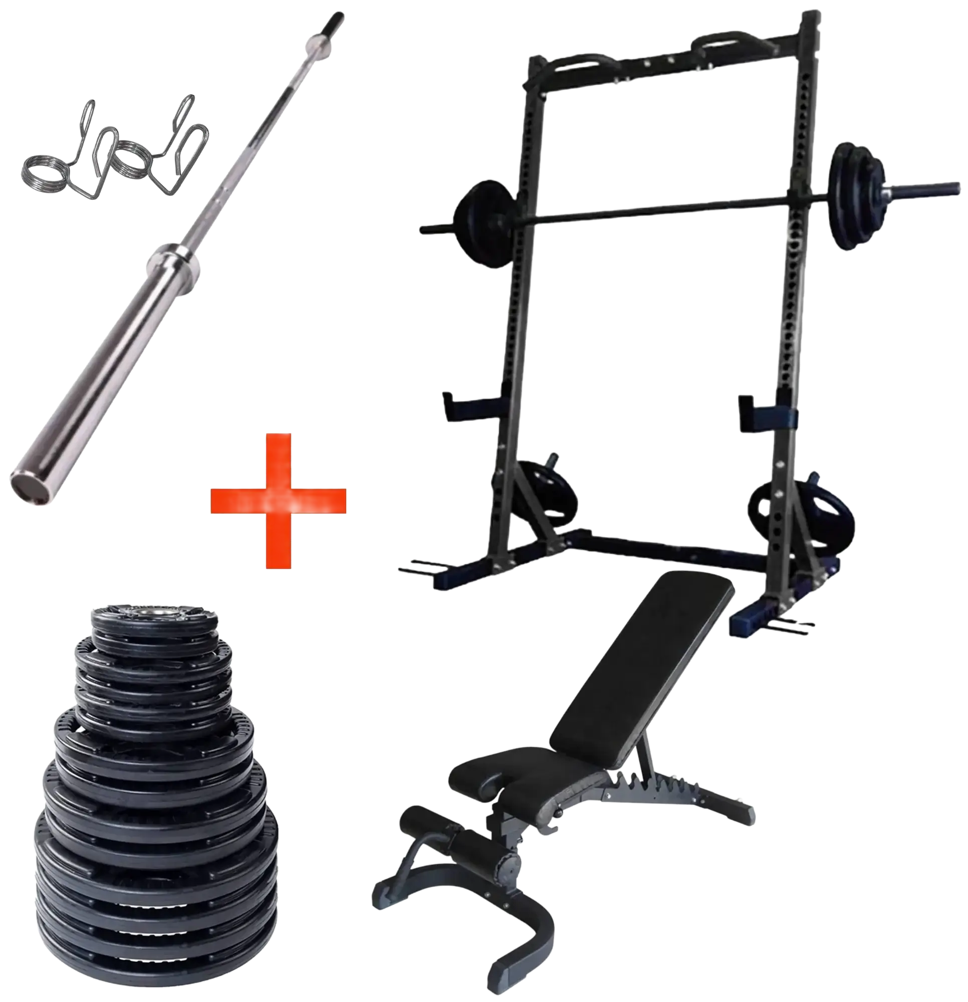 French Fitness Rubber Grip Weight Plate Set w/7 ft Bar 395 lbs + Rack + Bench (New)