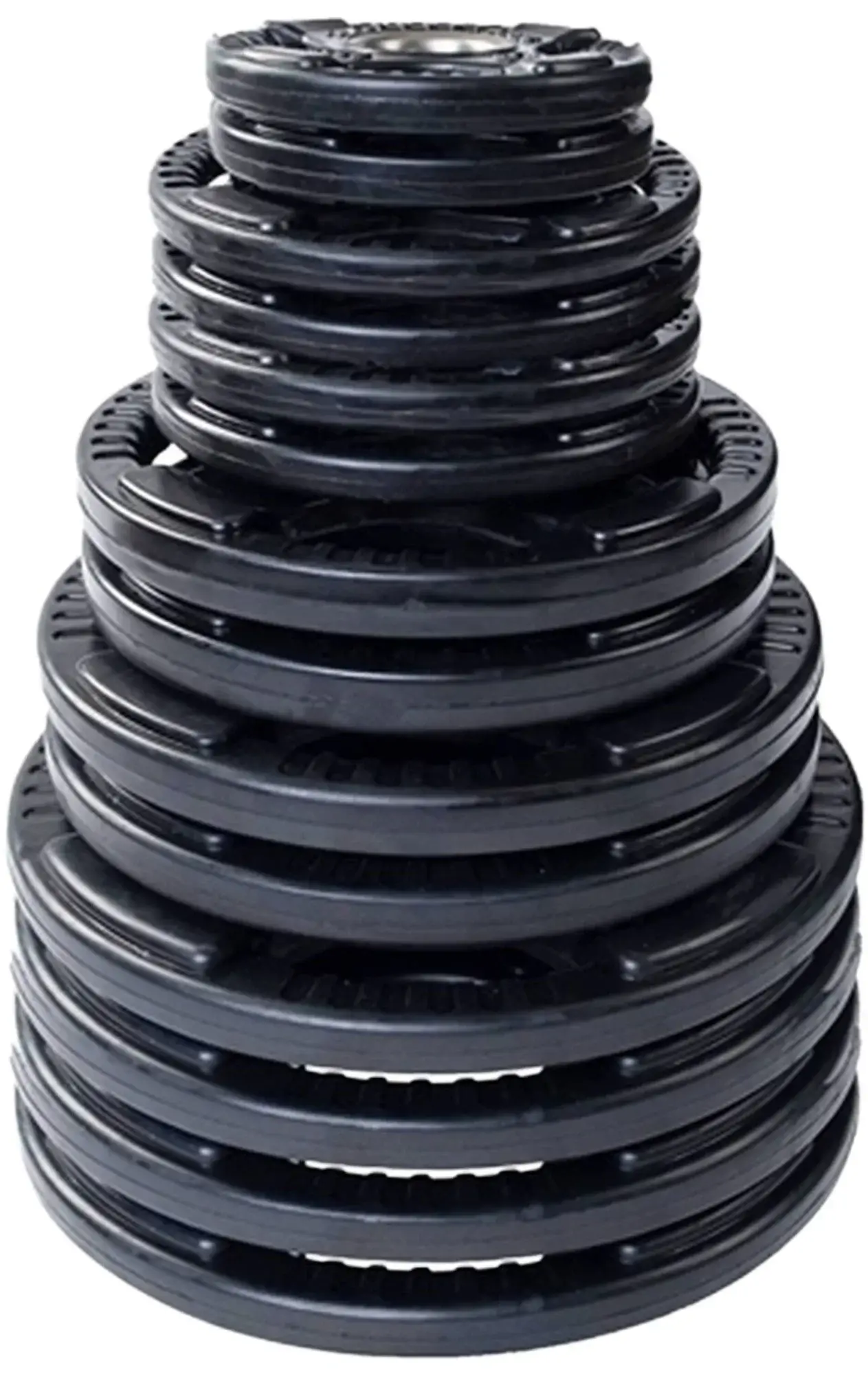 French Fitness Rubber Grip Weight Plate Set w/7 ft Bar 395 lbs + Rack + Bench (New) - Image 5