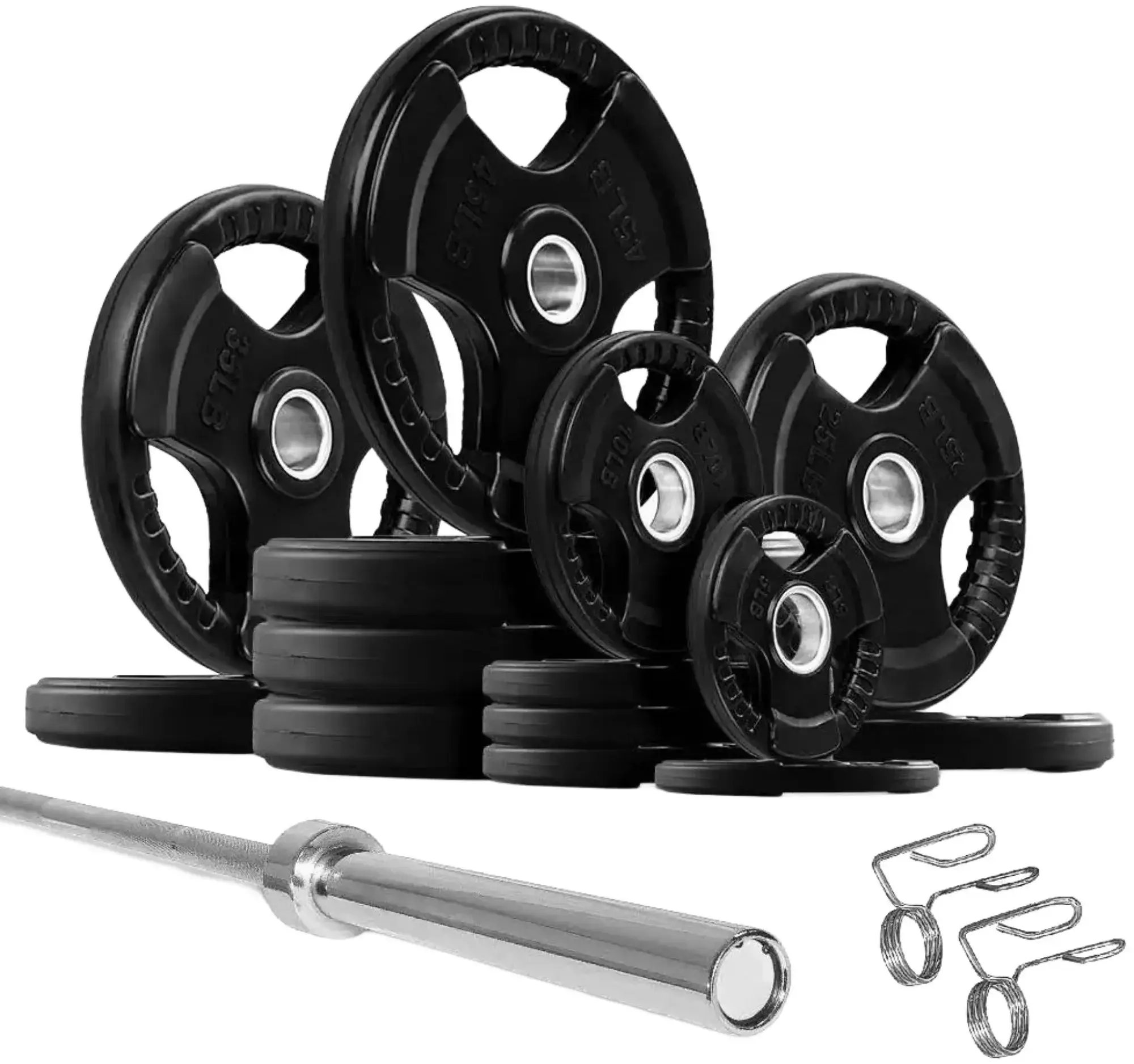 French Fitness Rubber Grip Weight Plate Set w/7 ft Bar 395 lbs + Rack + Bench (New) - Image 6
