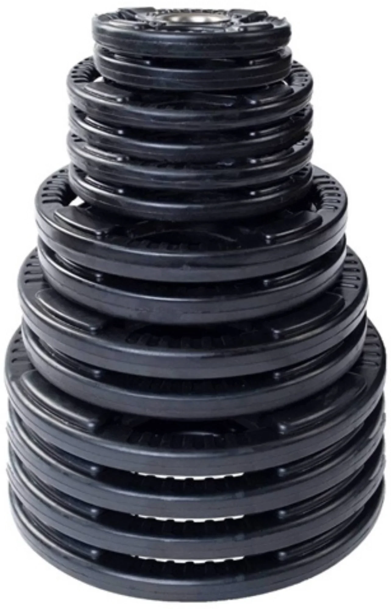 French Fitness Rubber Grip Weight Plate Set w/7 ft Olympic Bar 395 lbs (New) - Image 2