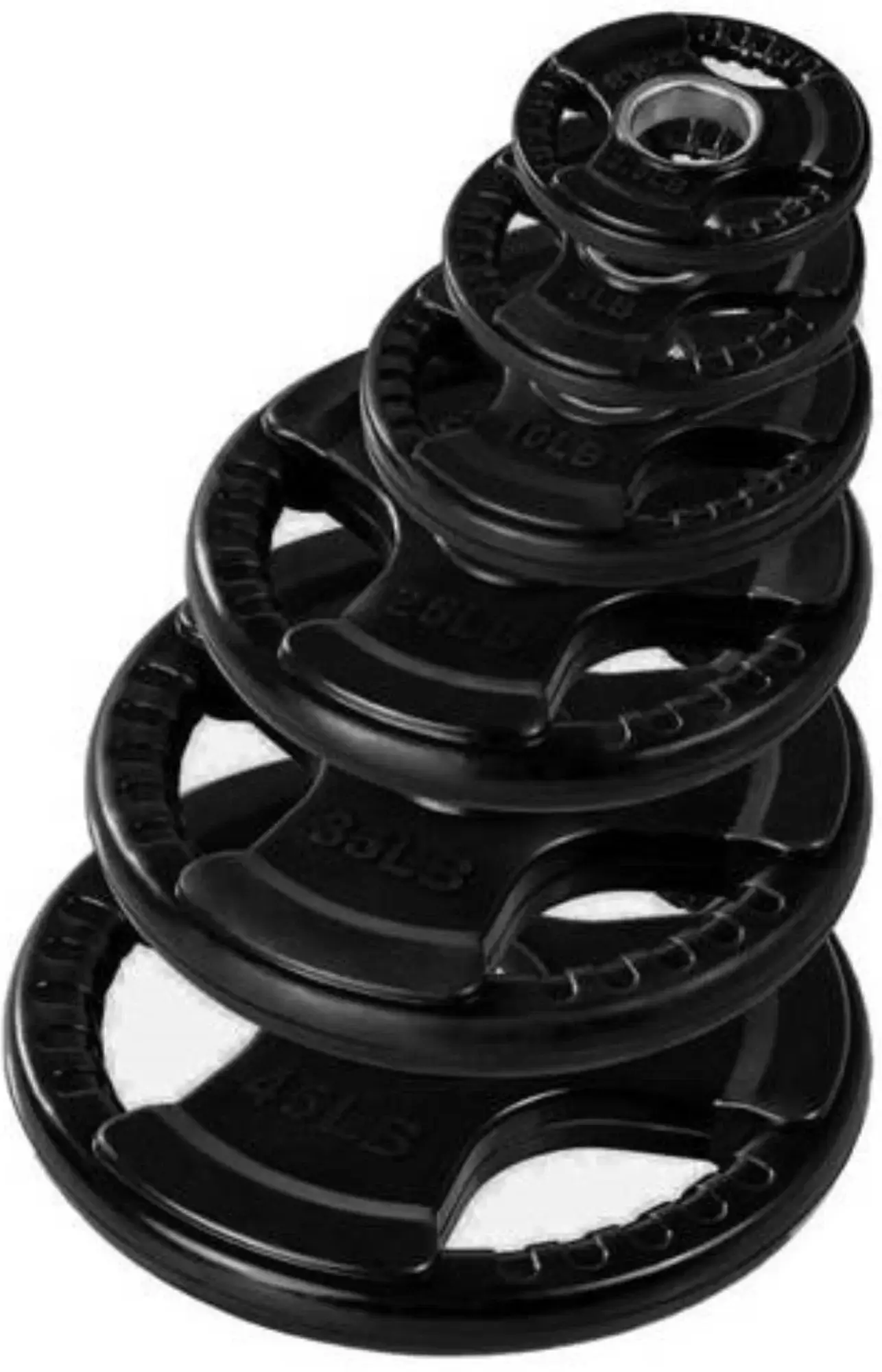 French Fitness Rubber Grip Weight Plate Set w/7 ft Olympic Bar 395 lbs (New) - Image 5