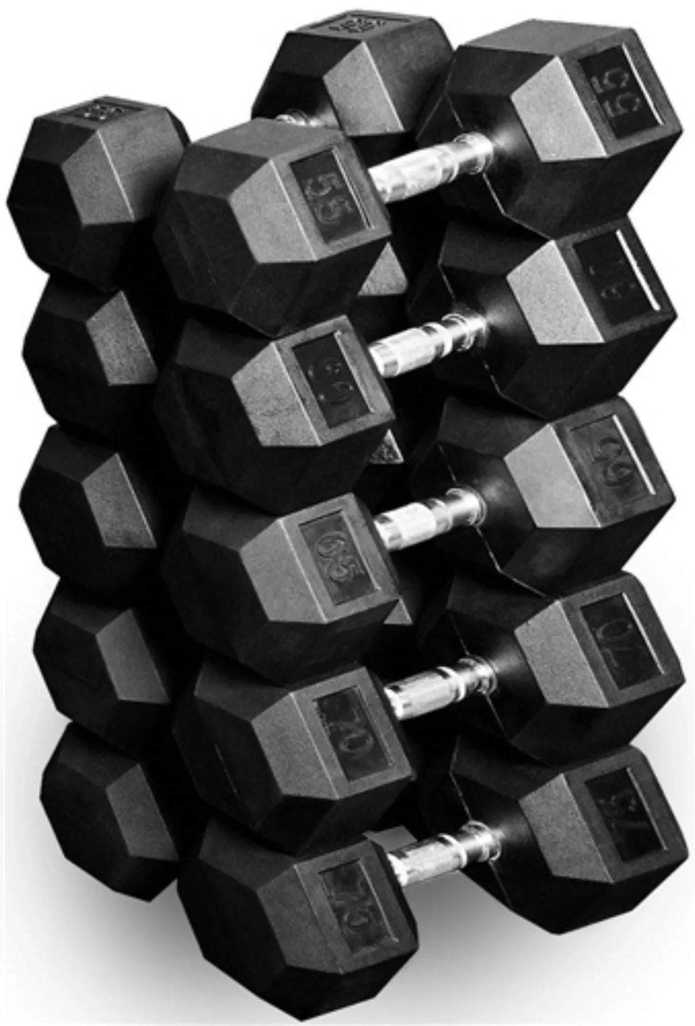 French Fitness Rubber Hex Dumbbell Set 5-100 lbs w/(2) 3 Tier Dumbbell Racks (New) - Image 3