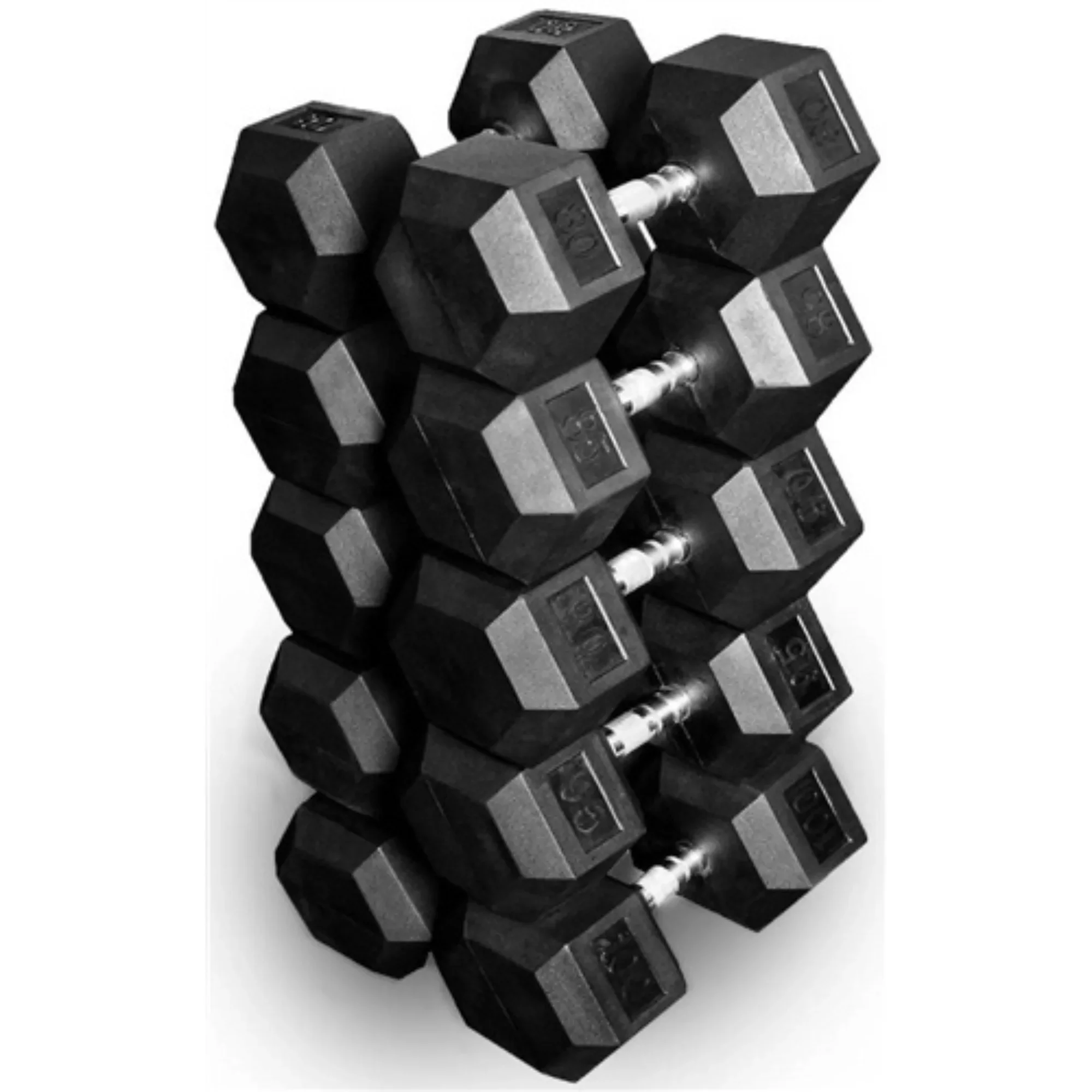 French Fitness Rubber Hex Dumbbell Set 5-100 lbs w/(2) 3 Tier Dumbbell Racks (New) - Image 4