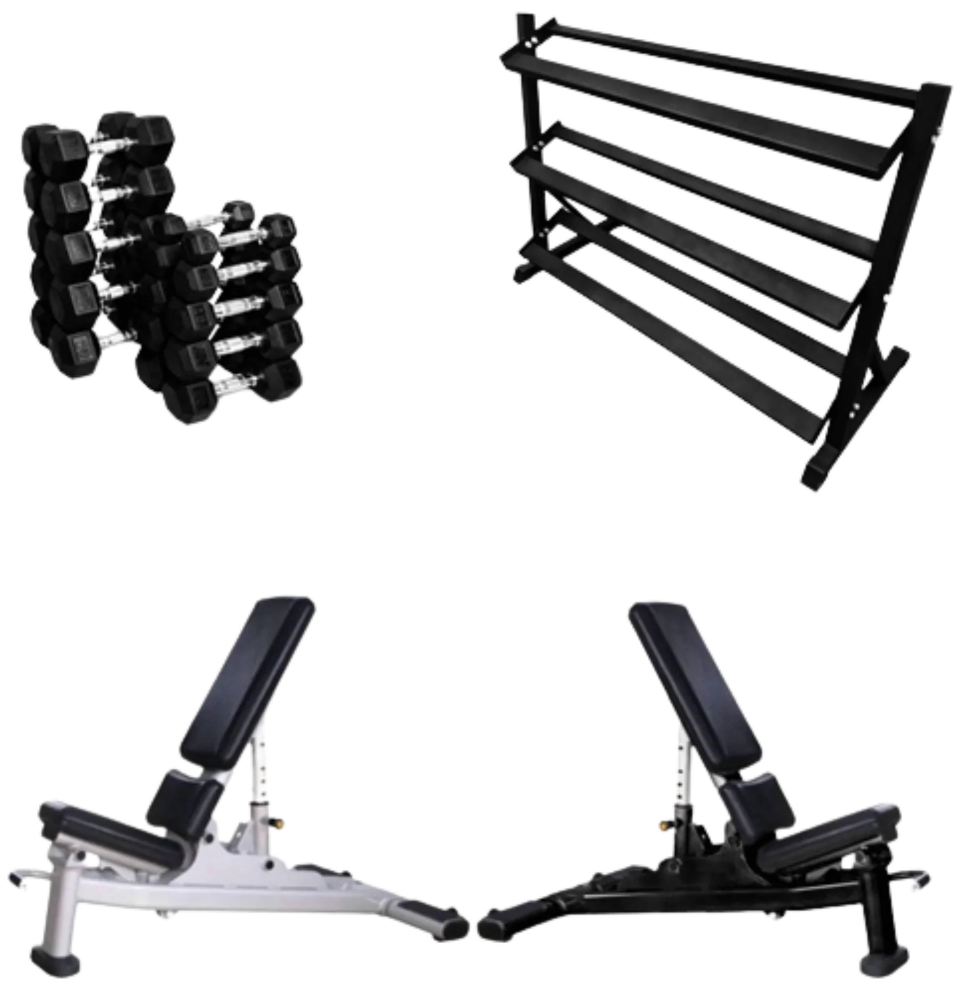 French Fitness Rubber Hex Dumbbell Set 5 to 50 lbs w/Bench + Rack (New)