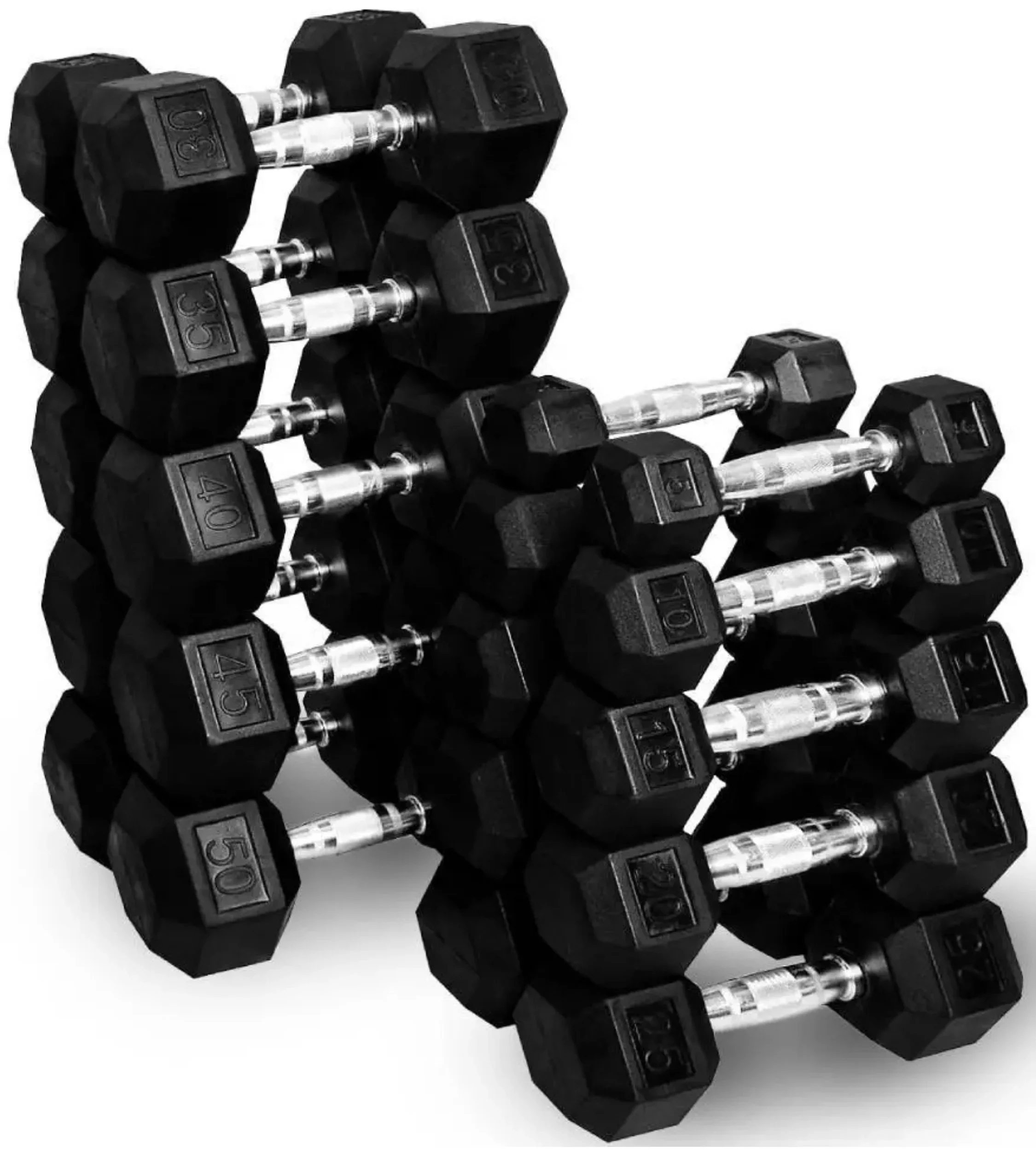 French Fitness Rubber Hex Dumbbell Set 5 to 50 lbs. w/Rack (New) - Image 2